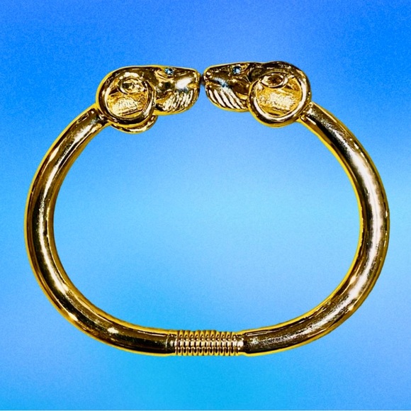 Vintage KJL 22kt Gold Plated Double Rams Head Bracelet w/ Blue Crystal Eyes - Picture 4 of 13